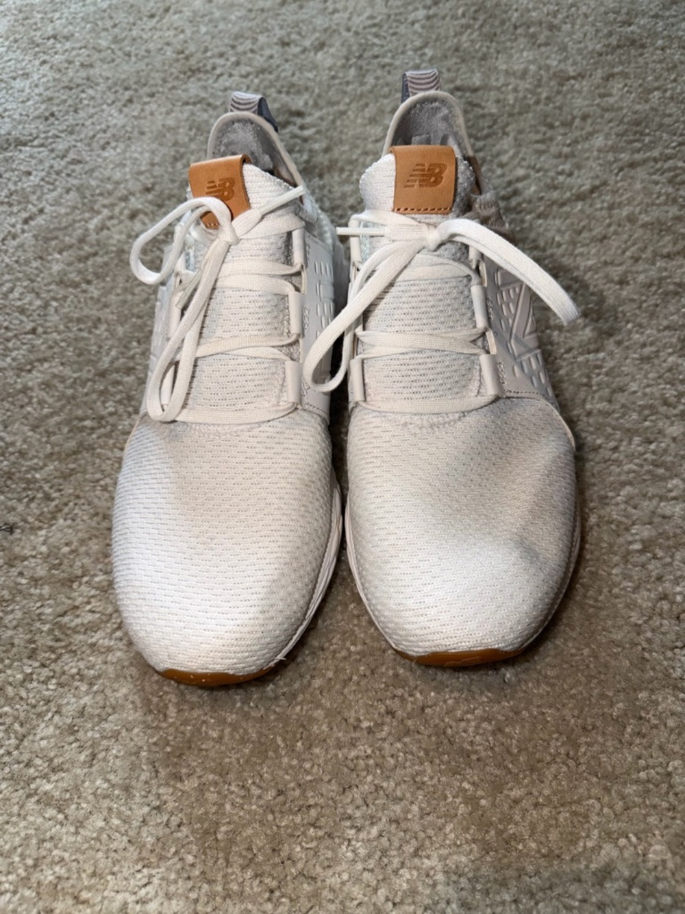 New Balance White Knit Sneakers with Tan Logo Tabs